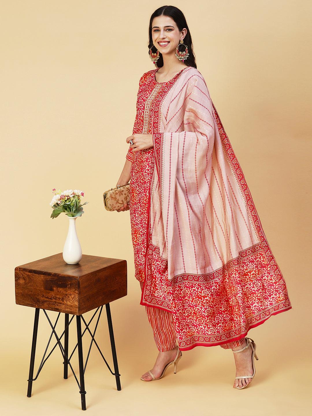 Ethnic Floral Printed & Hand Embroidered Kurta with Pant & Dupatta - Red - Indiakreations