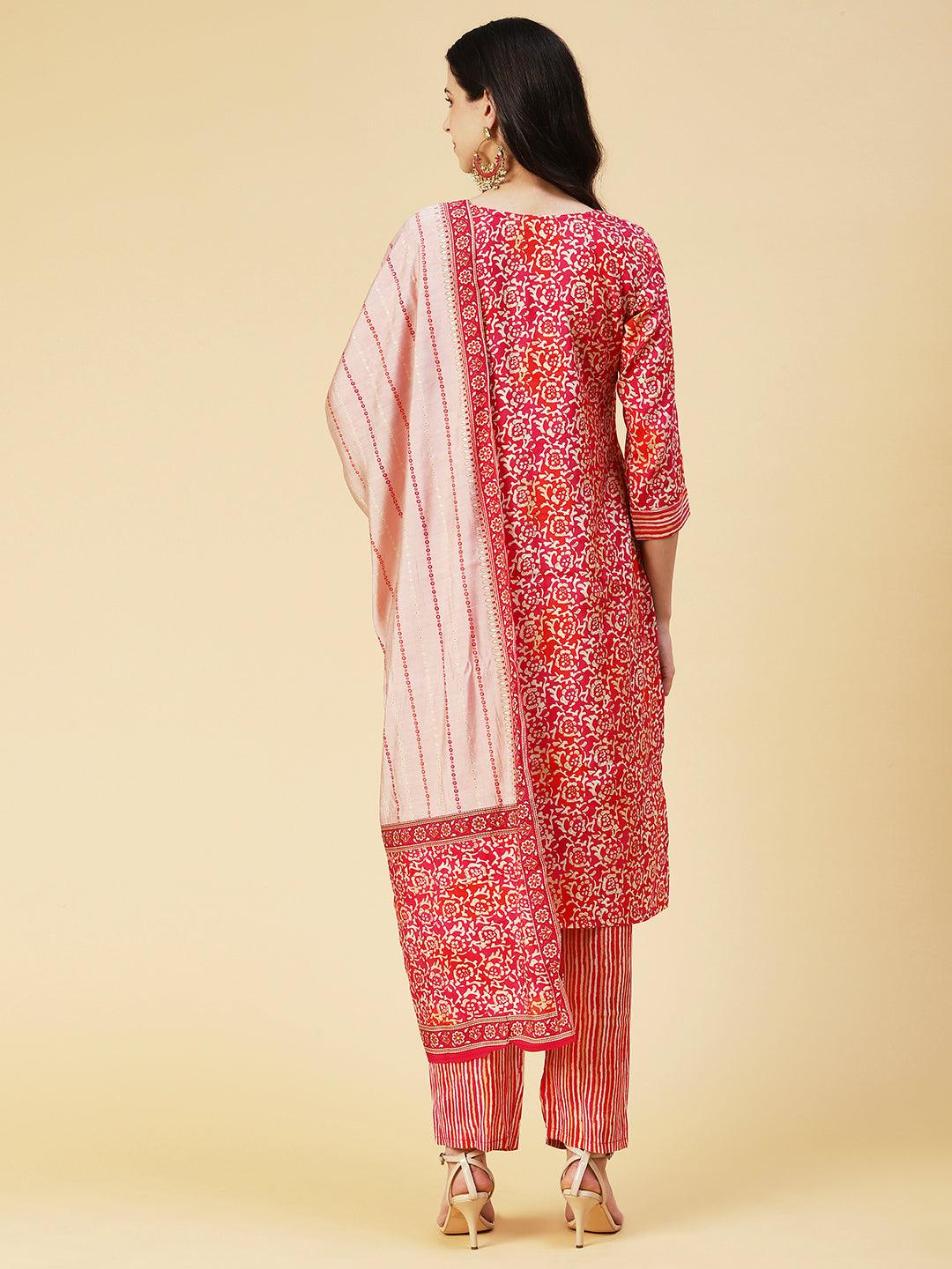 Ethnic Floral Printed & Hand Embroidered Kurta with Pant & Dupatta - Red - Indiakreations