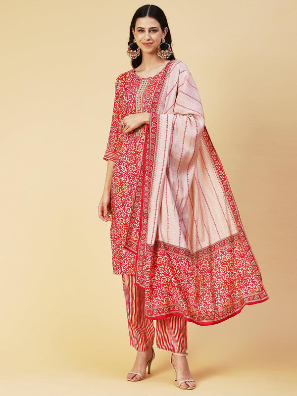 Ethnic Floral Printed & Hand Embroidered Kurta with Pant & Dupatta - Red - Indiakreations