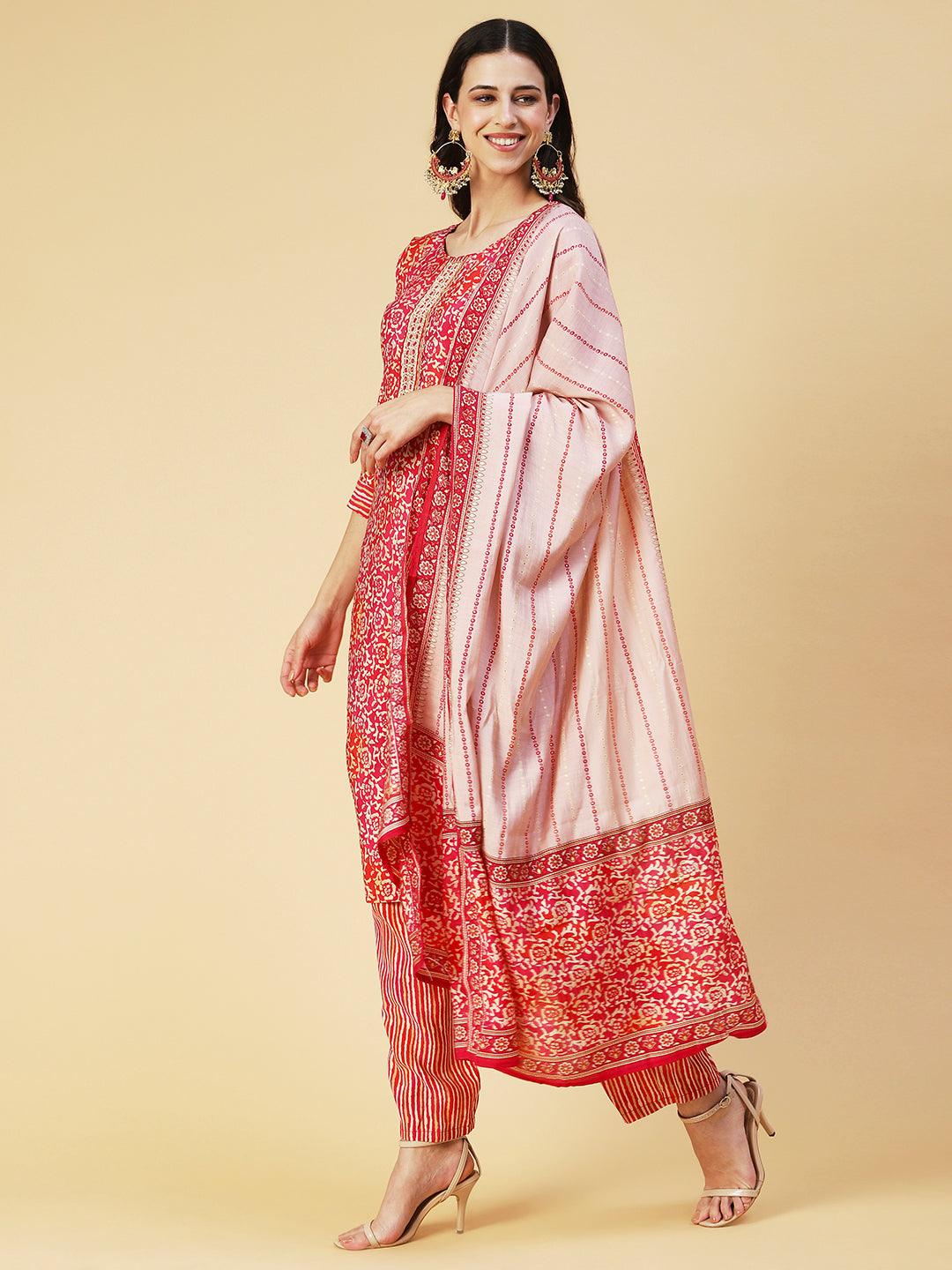 Ethnic Floral Printed & Hand Embroidered Kurta with Pant & Dupatta - Red - Indiakreations