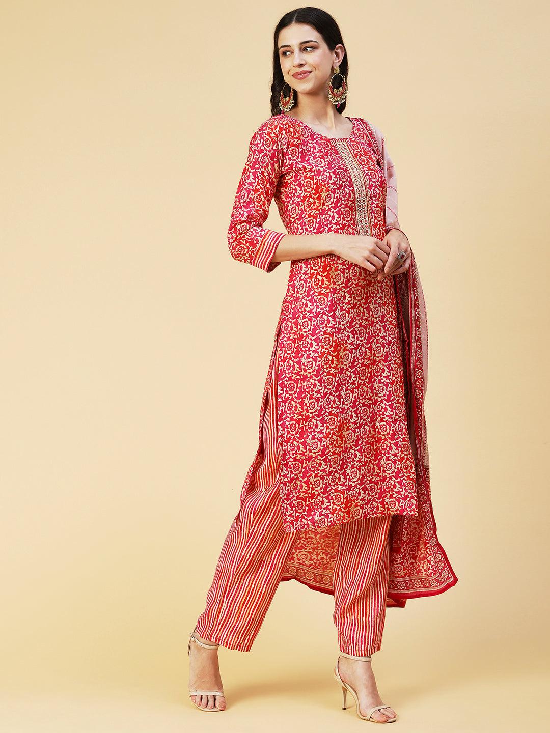 Ethnic Floral Printed & Hand Embroidered Kurta with Pant & Dupatta - Red - Indiakreations