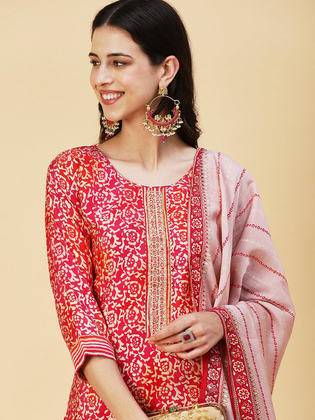 Ethnic Floral Printed & Hand Embroidered Kurta with Pant & Dupatta - Red - Indiakreations