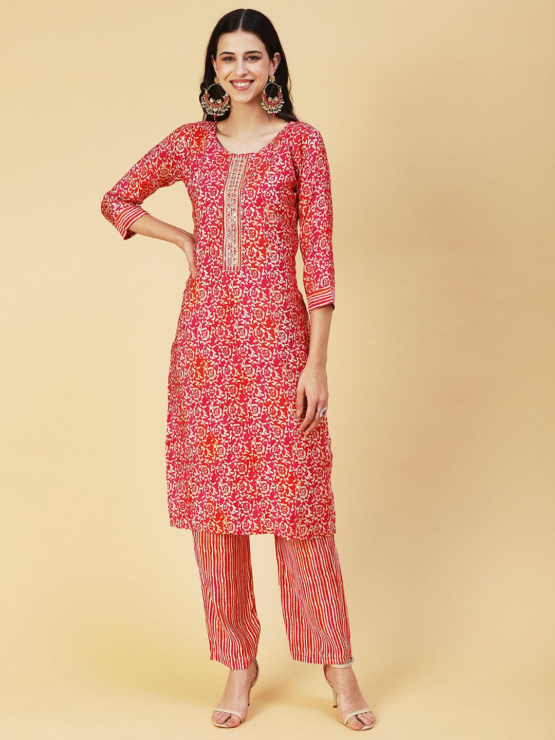 Ethnic Floral Printed & Hand Embroidered Kurta with Pant & Dupatta - Red - Indiakreations