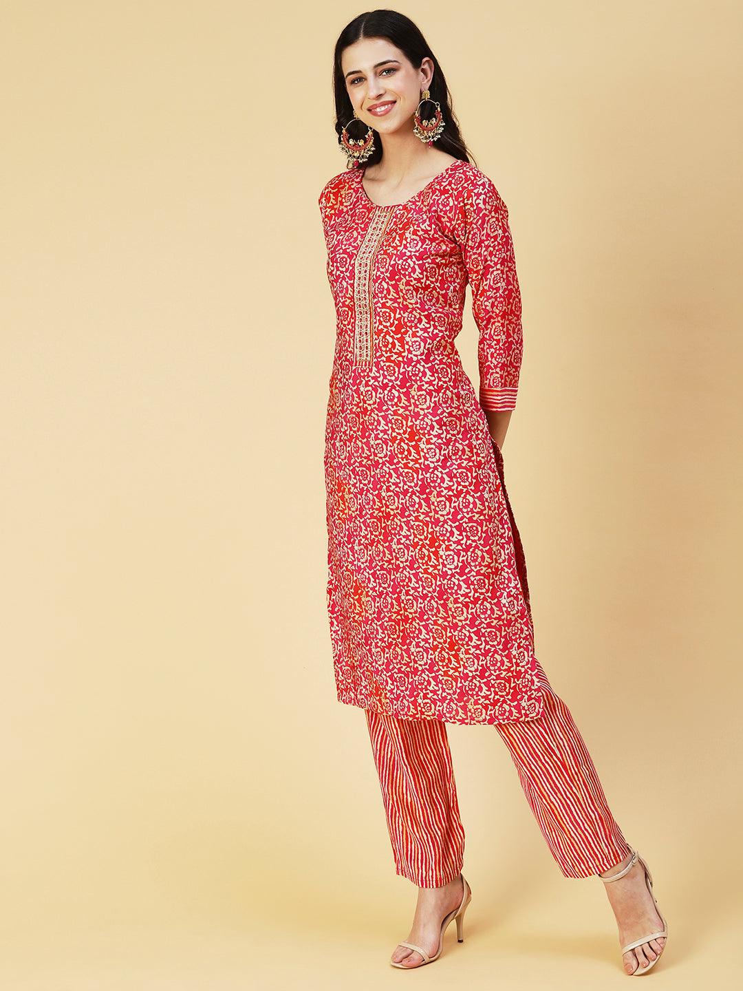 Ethnic Floral Printed & Hand Embroidered Kurta with Pant & Dupatta - Red - Indiakreations