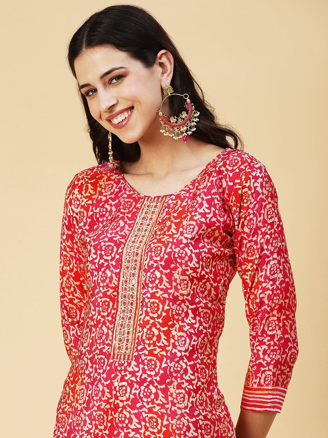 Ethnic Floral Printed & Hand Embroidered Kurta with Pant & Dupatta - Red - Indiakreations