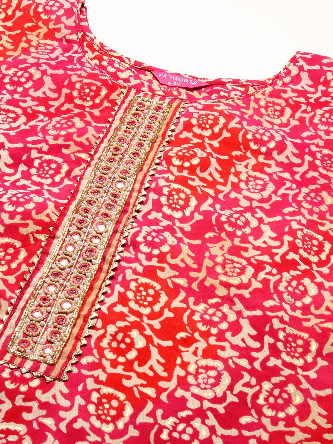 Ethnic Floral Printed & Hand Embroidered Kurta with Pant & Dupatta - Red - Indiakreations