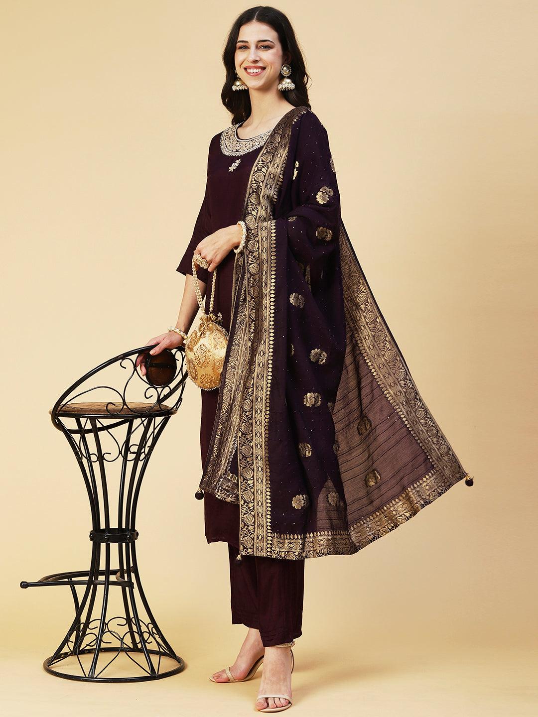 Solid Floral Hand Embroidered Straight Fit Kurta & Pant & Dupatta - Violet - Indiakreations