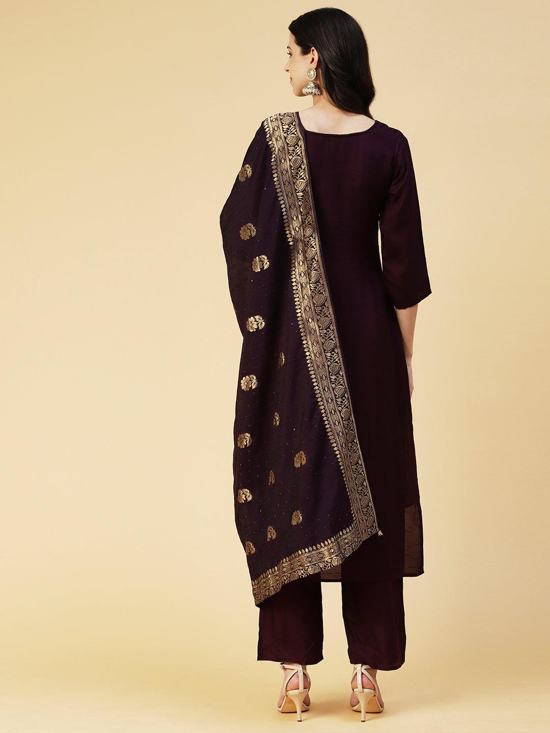 Solid Floral Hand Embroidered Straight Fit Kurta & Pant & Dupatta - Violet - Indiakreations