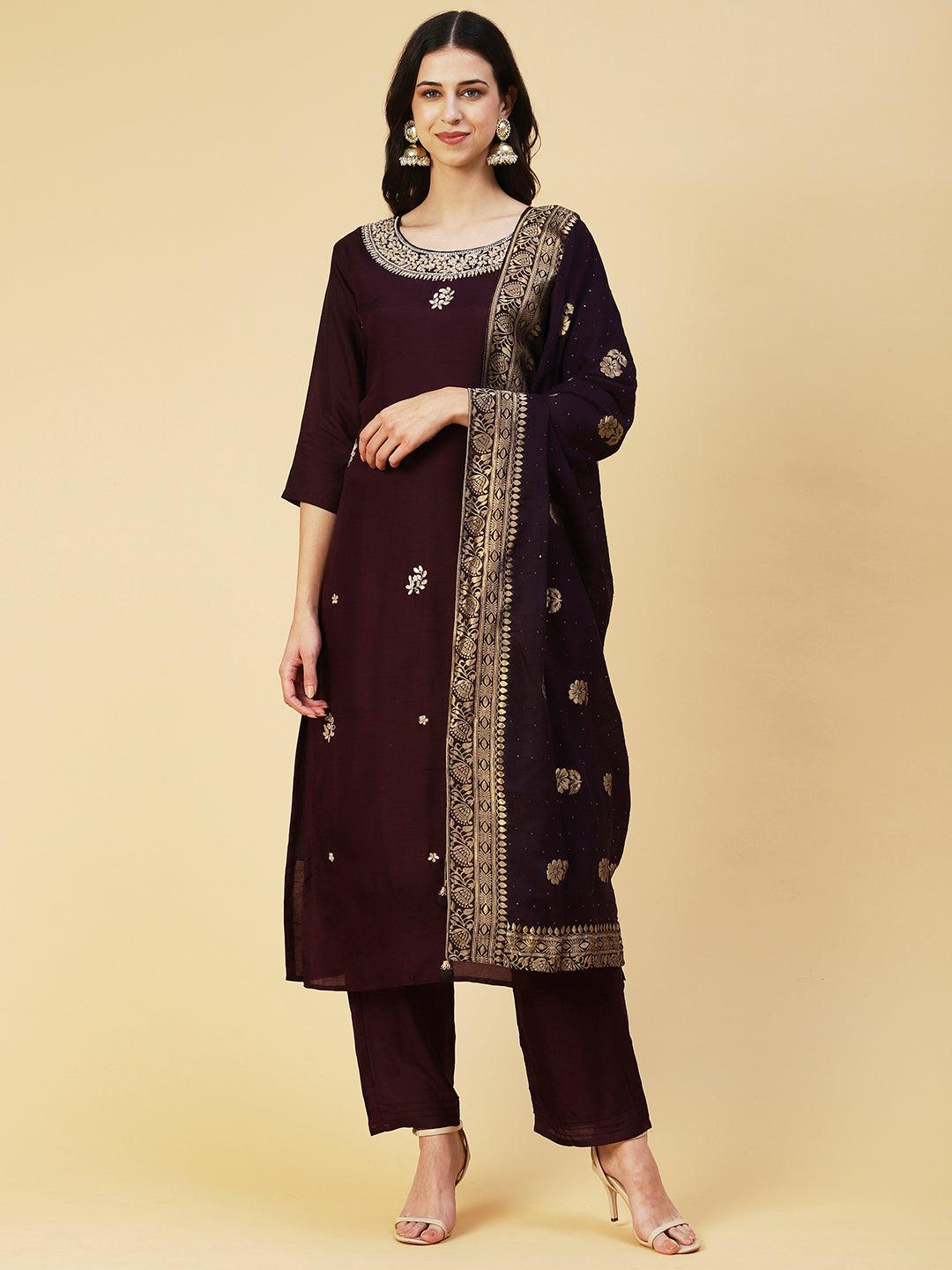 Solid Floral Hand Embroidered Straight Fit Kurta & Pant & Dupatta - Violet - Indiakreations