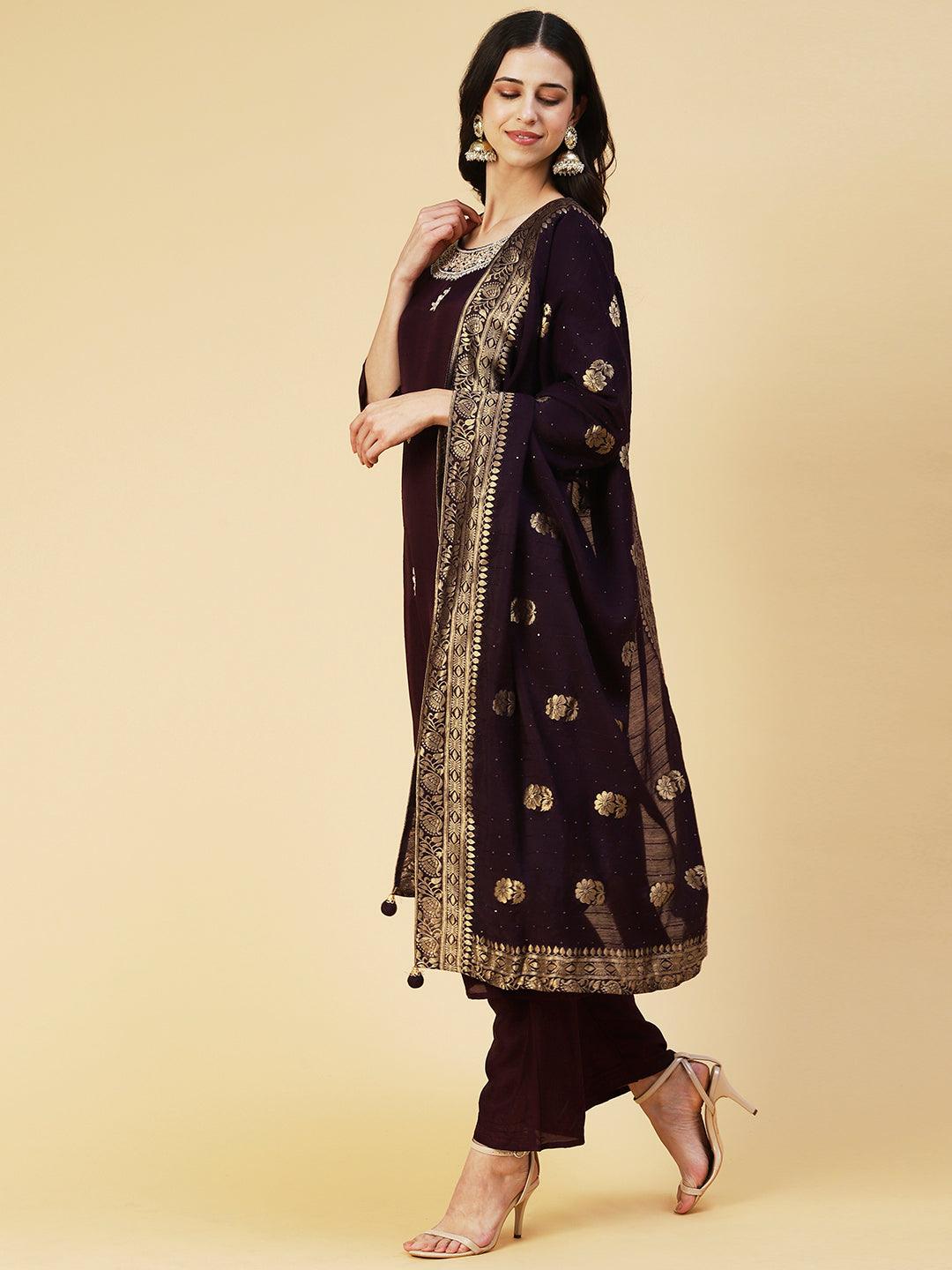 Solid Floral Hand Embroidered Straight Fit Kurta & Pant & Dupatta - Violet - Indiakreations