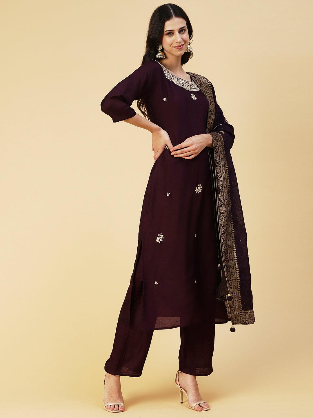 Solid Floral Hand Embroidered Straight Fit Kurta & Pant & Dupatta - Violet - Indiakreations