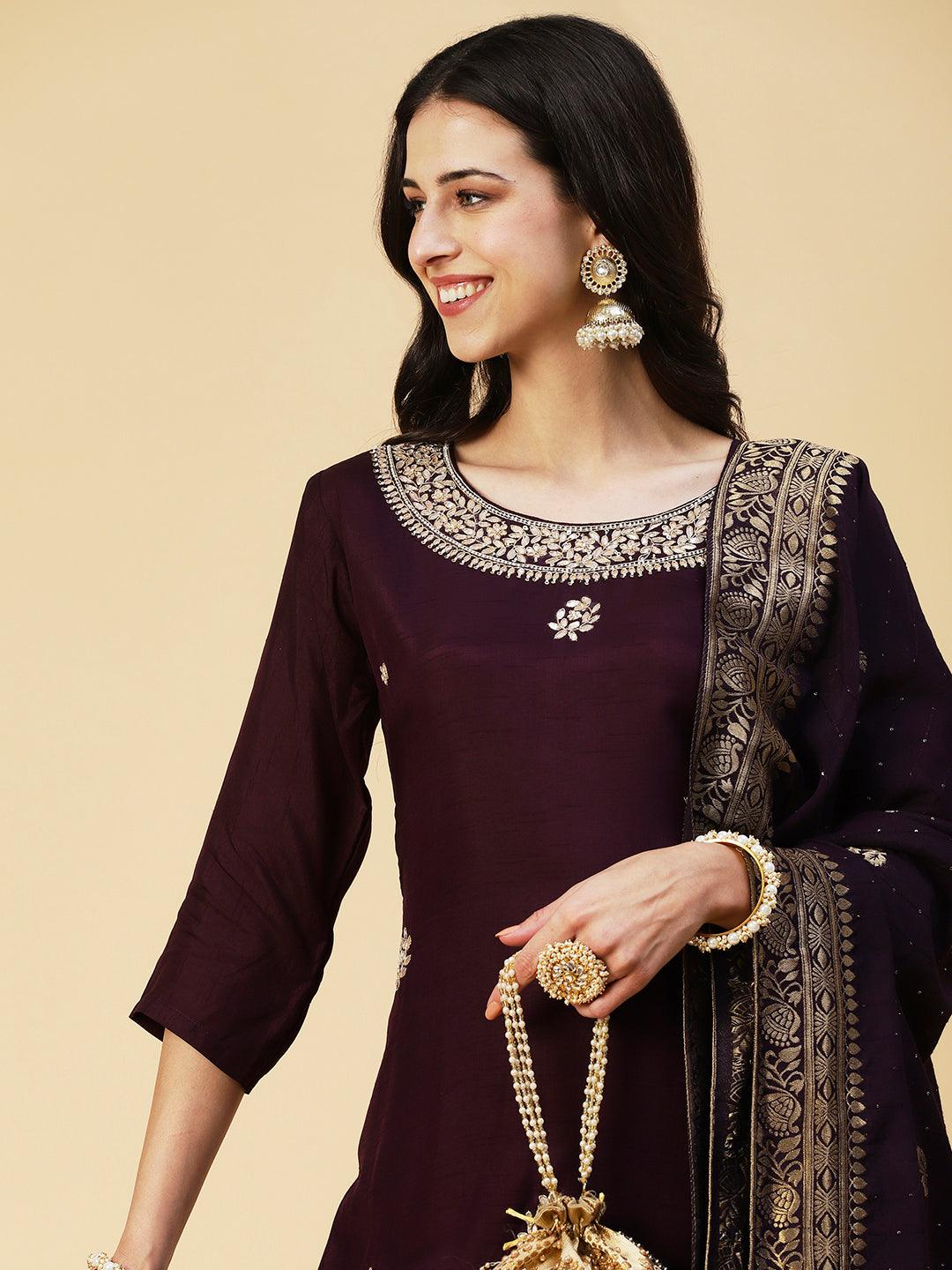 Solid Floral Hand Embroidered Straight Fit Kurta & Pant & Dupatta - Violet - Indiakreations