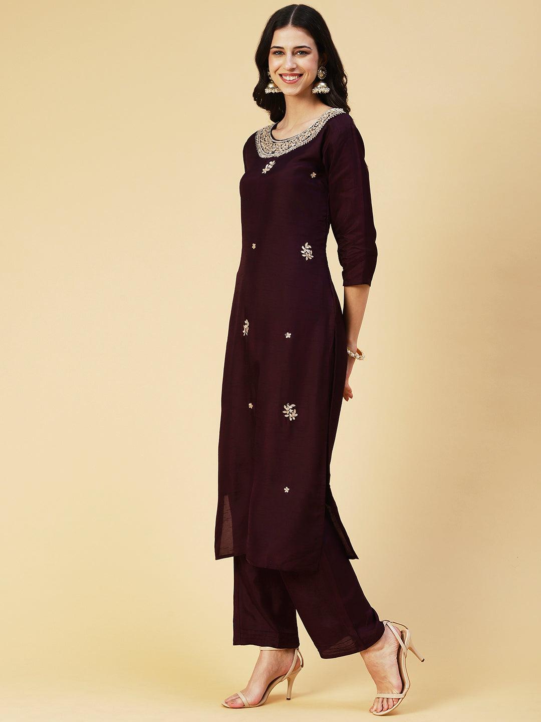 Solid Floral Hand Embroidered Straight Fit Kurta & Pant & Dupatta - Violet - Indiakreations