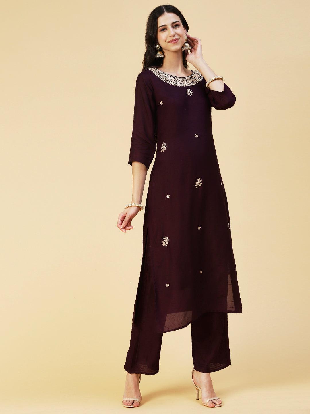 Solid Floral Hand Embroidered Straight Fit Kurta & Pant & Dupatta - Violet - Indiakreations