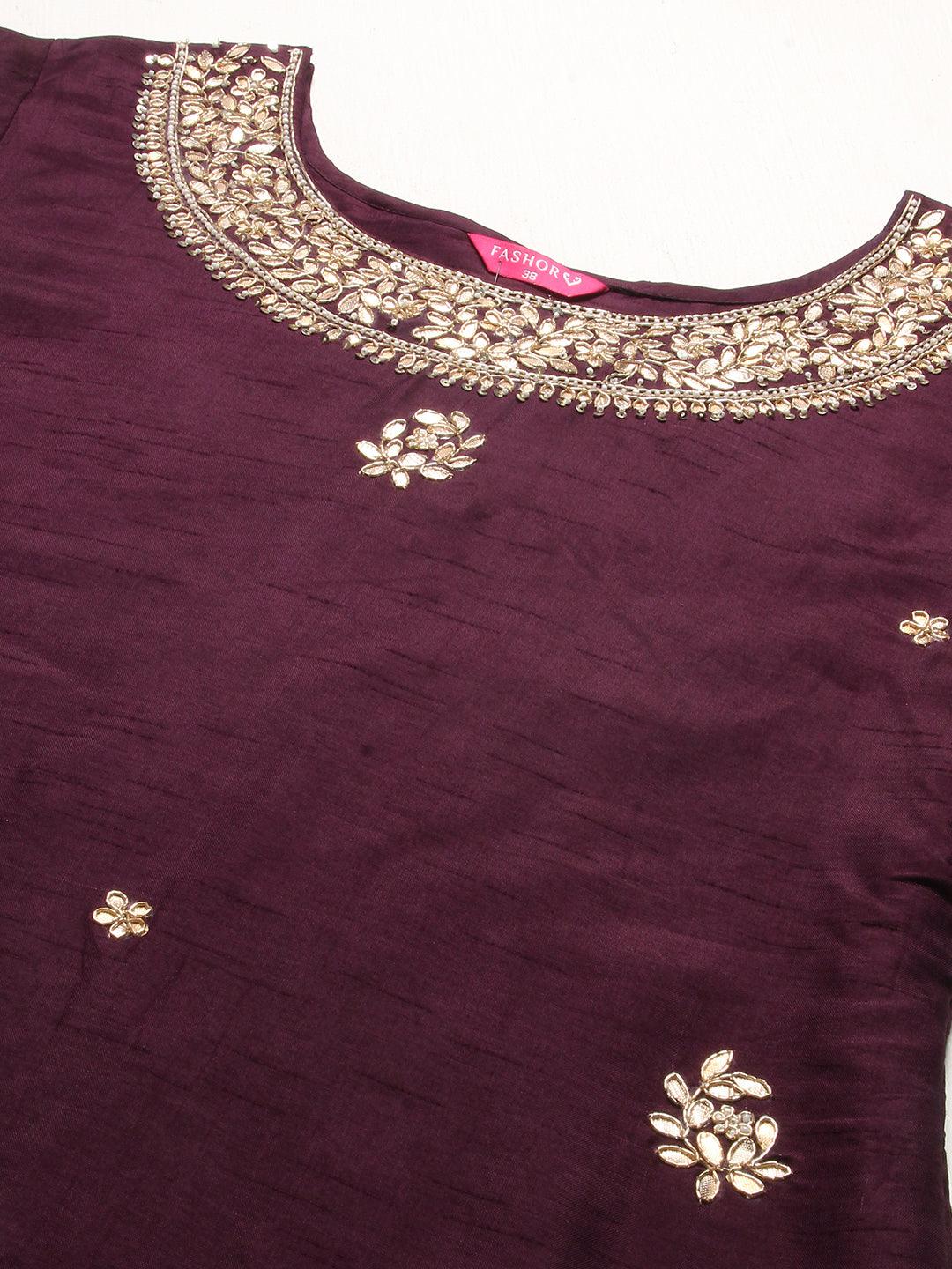 Solid Floral Hand Embroidered Straight Fit Kurta & Pant & Dupatta - Violet - Indiakreations