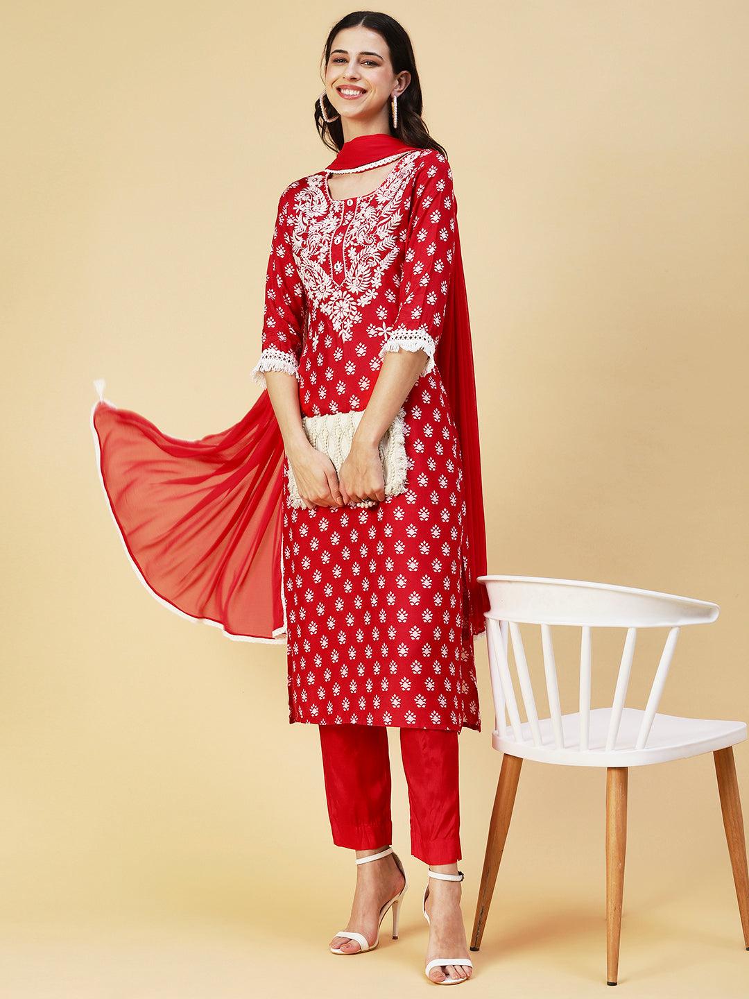 Ethnic Printed & Chikankari Embroidered Kurta with Pant & Dupatta - Red - Indiakreations