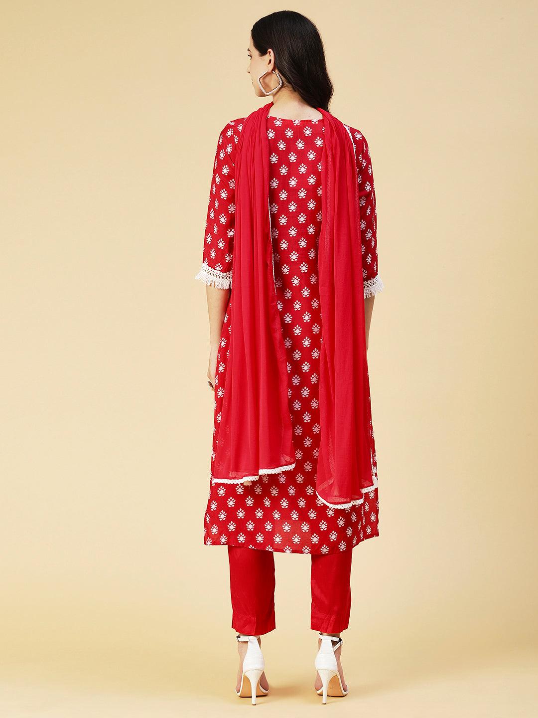 Ethnic Printed & Chikankari Embroidered Kurta with Pant & Dupatta - Red - Indiakreations