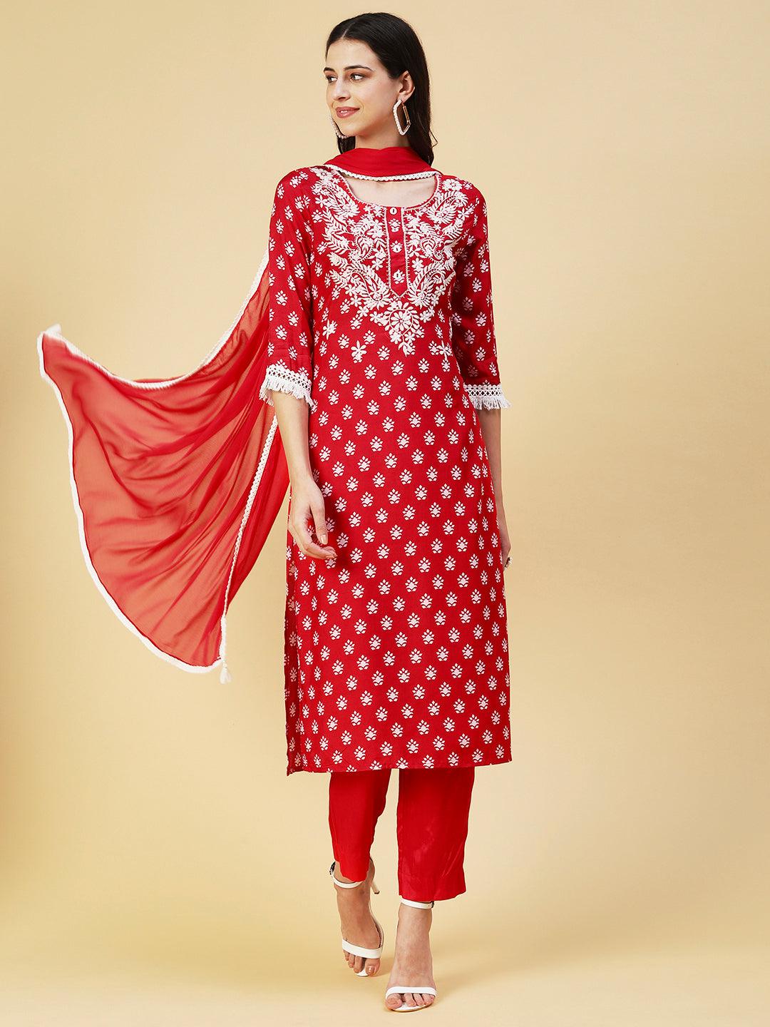 Ethnic Printed & Chikankari Embroidered Kurta with Pant & Dupatta - Red - Indiakreations