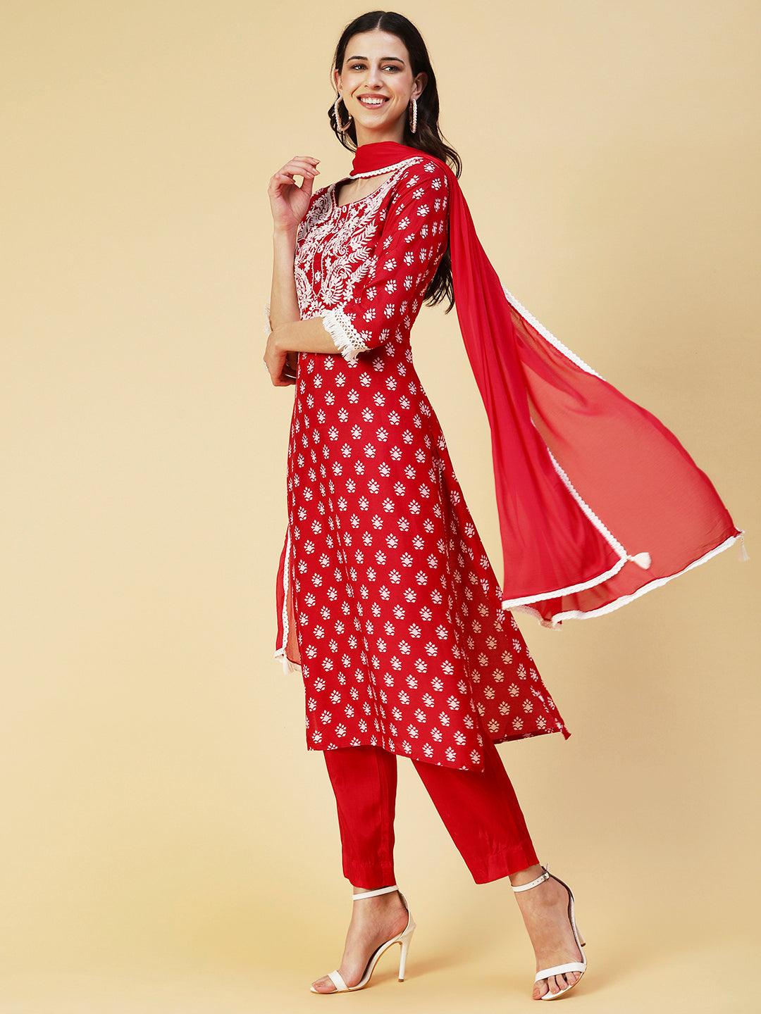 Ethnic Printed & Chikankari Embroidered Kurta with Pant & Dupatta - Red - Indiakreations