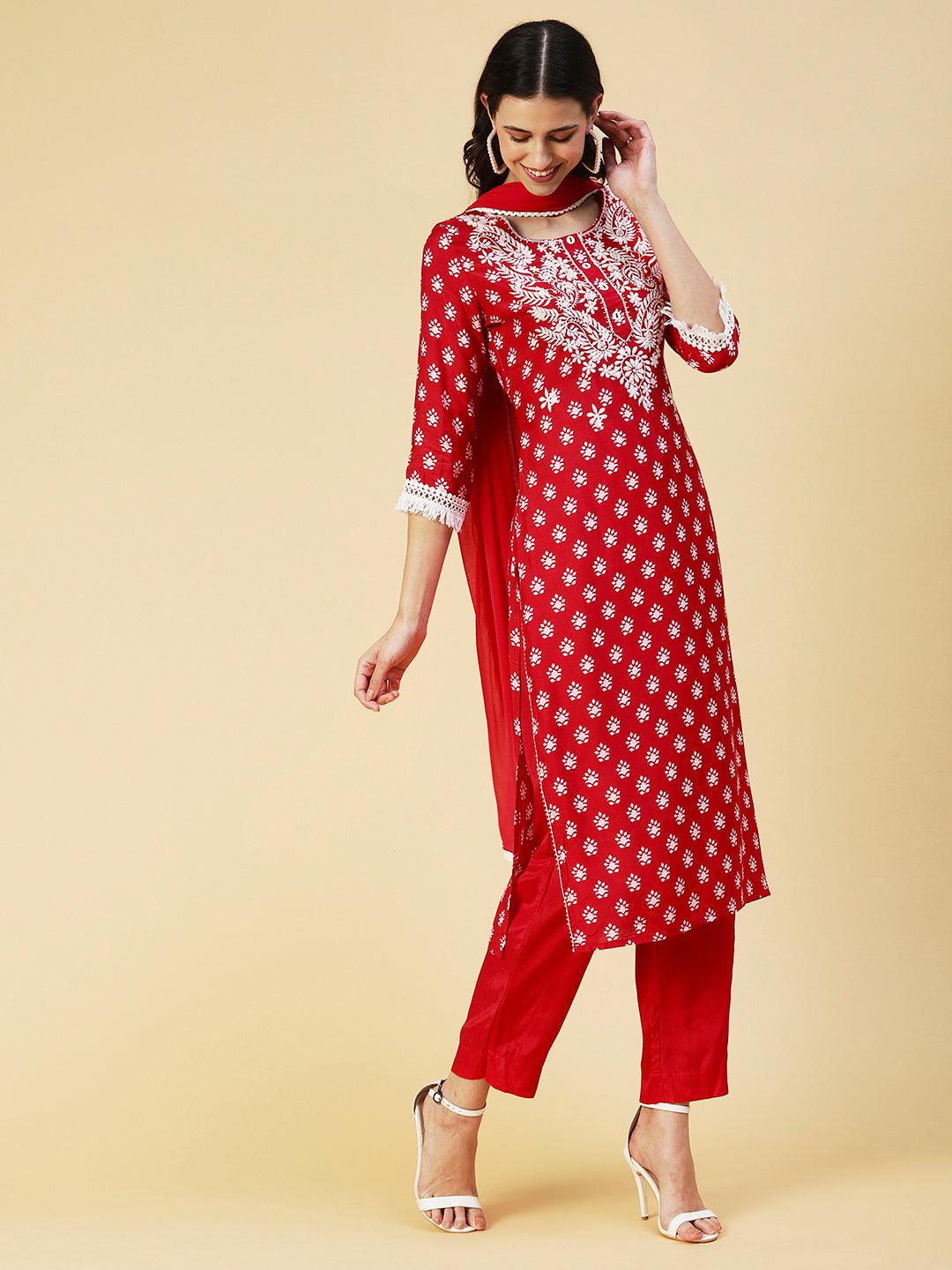 Ethnic Printed & Chikankari Embroidered Kurta with Pant & Dupatta - Red - Indiakreations