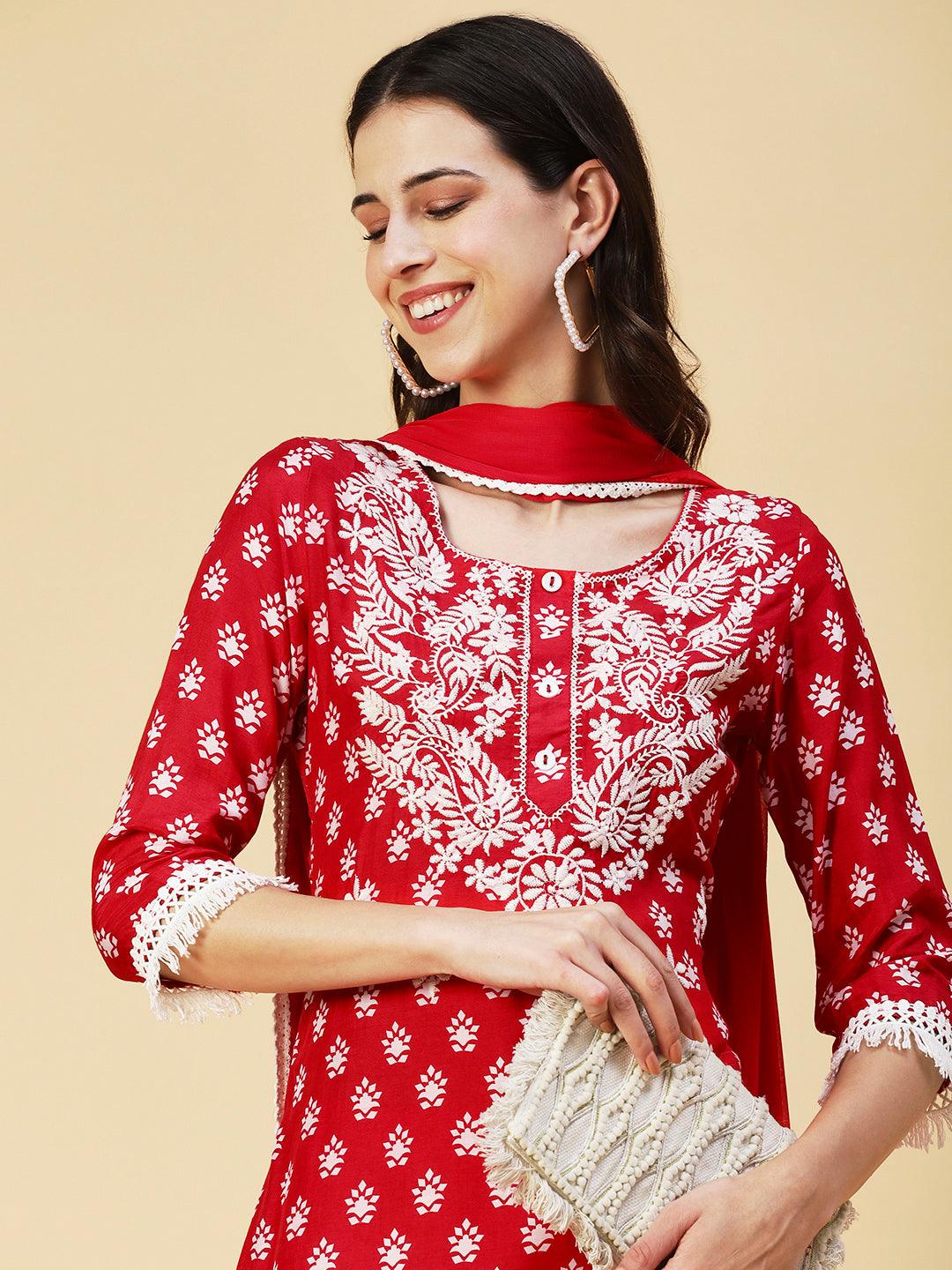 Ethnic Printed & Chikankari Embroidered Kurta with Pant & Dupatta - Red - Indiakreations