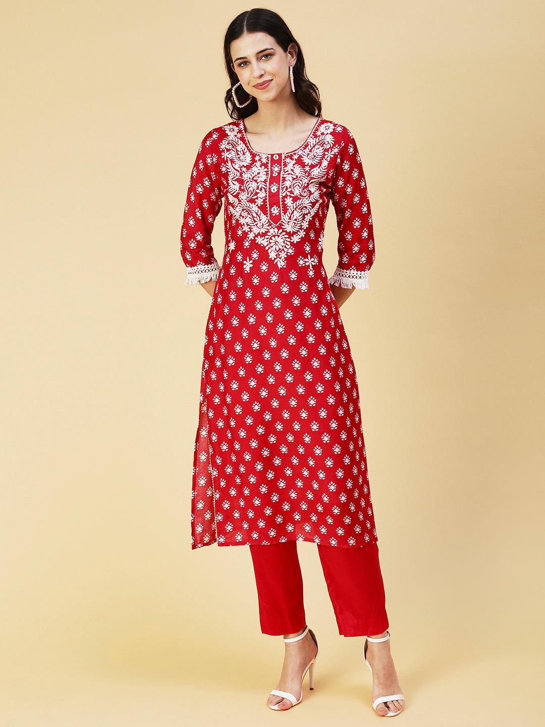 Ethnic Printed & Chikankari Embroidered Kurta with Pant & Dupatta - Red - Indiakreations