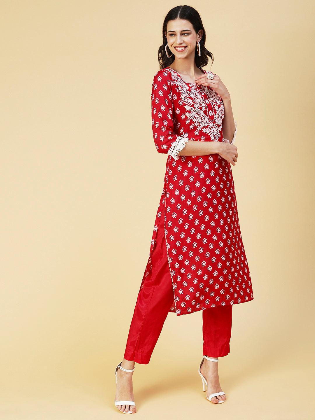 Ethnic Printed & Chikankari Embroidered Kurta with Pant & Dupatta - Red - Indiakreations