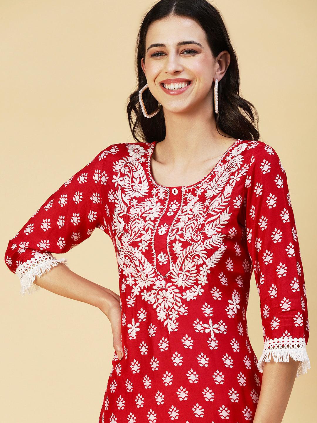 Ethnic Printed & Chikankari Embroidered Kurta with Pant & Dupatta - Red - Indiakreations