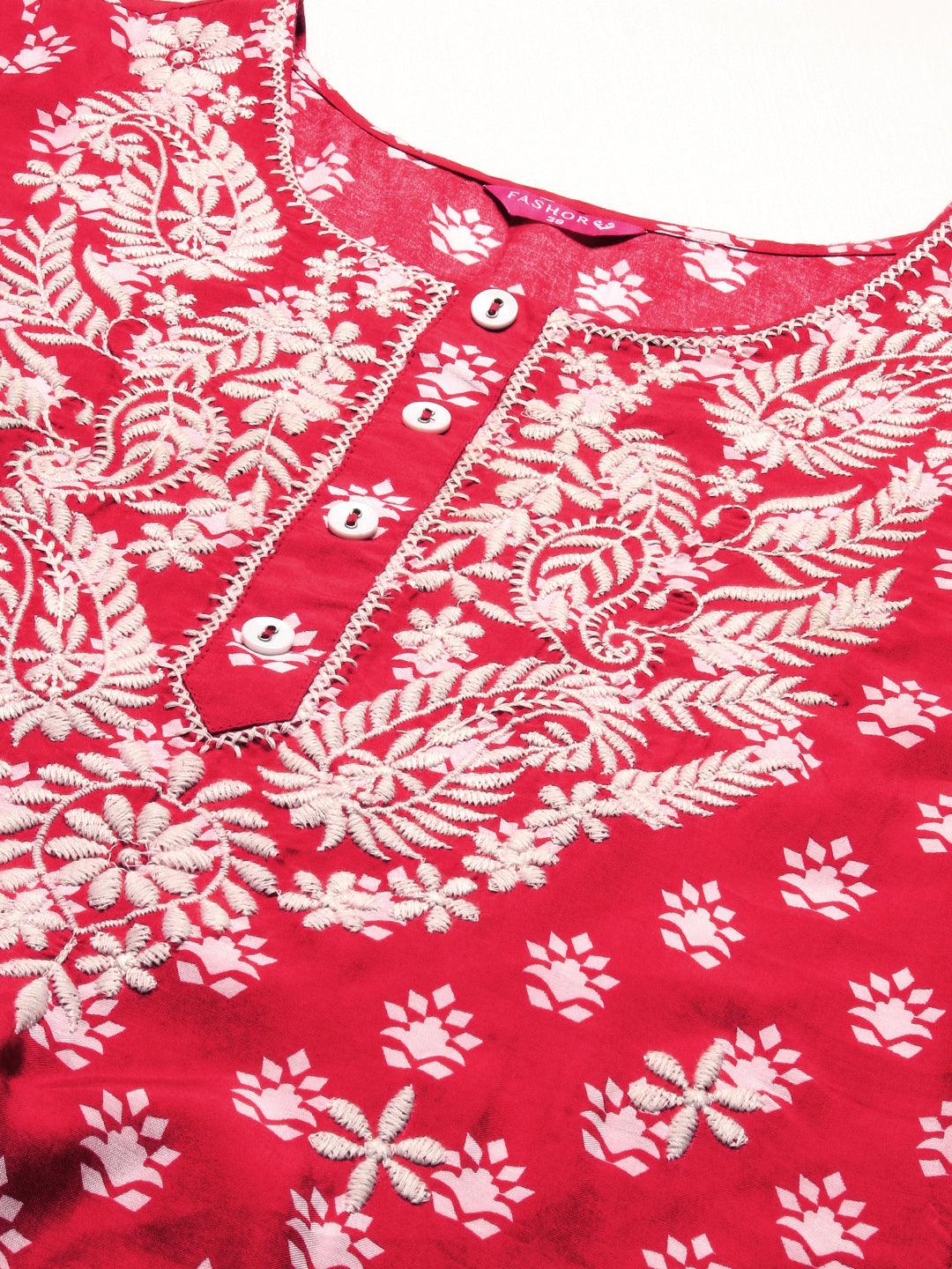 Ethnic Printed & Chikankari Embroidered Kurta with Pant & Dupatta - Red - Indiakreations