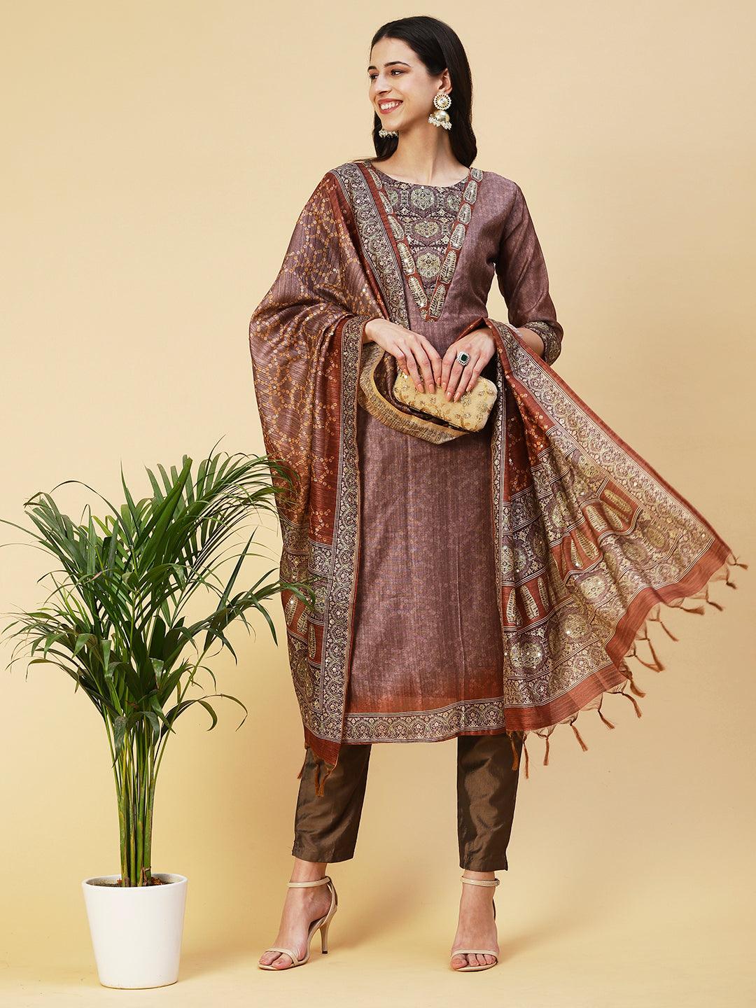 Texture Printed Sequins Ornamented Kurta With Pants & Dupatta - Brown - Indiakreations