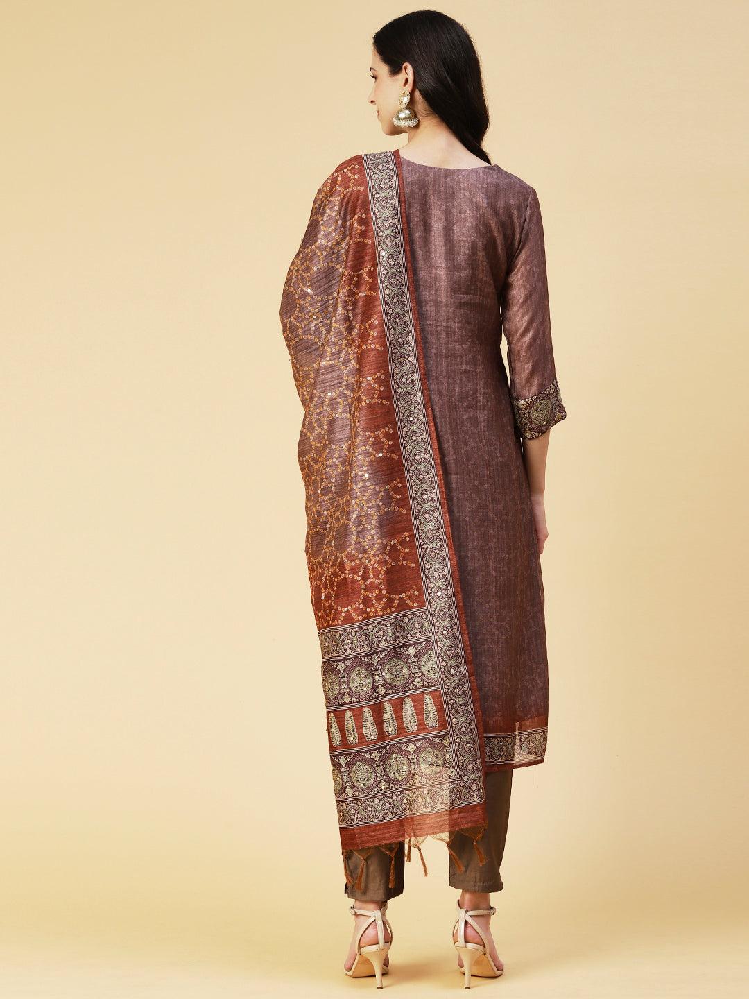 Texture Printed Sequins Ornamented Kurta With Pants & Dupatta - Brown - Indiakreations