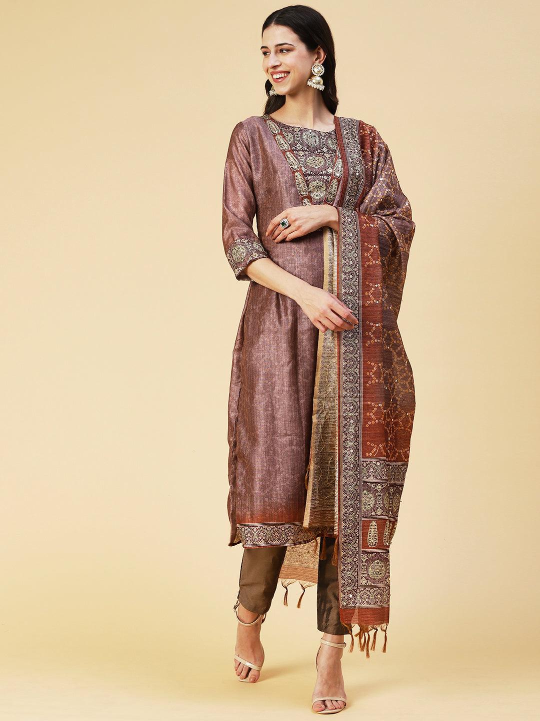 Texture Printed Sequins Ornamented Kurta With Pants & Dupatta - Brown - Indiakreations