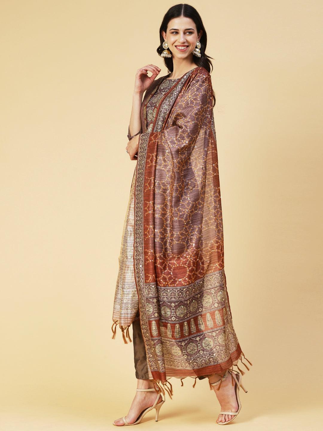 Texture Printed Sequins Ornamented Kurta With Pants & Dupatta - Brown - Indiakreations