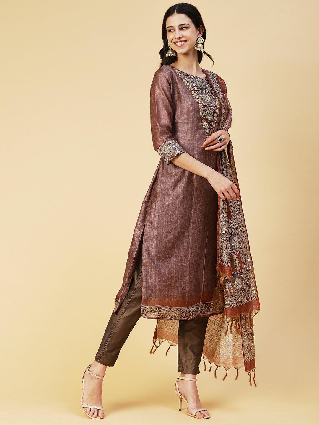 Texture Printed Sequins Ornamented Kurta With Pants & Dupatta - Brown - Indiakreations