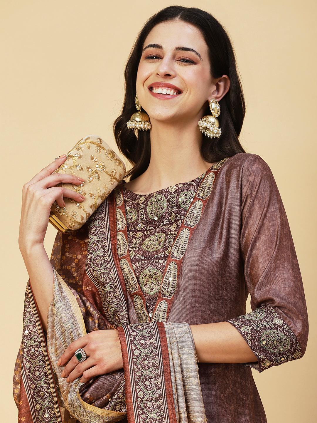 Texture Printed Sequins Ornamented Kurta With Pants & Dupatta - Brown - Indiakreations