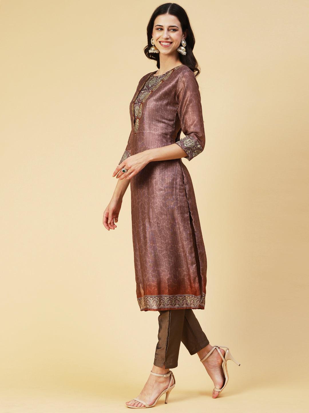 Texture Printed Sequins Ornamented Kurta With Pants & Dupatta - Brown - Indiakreations