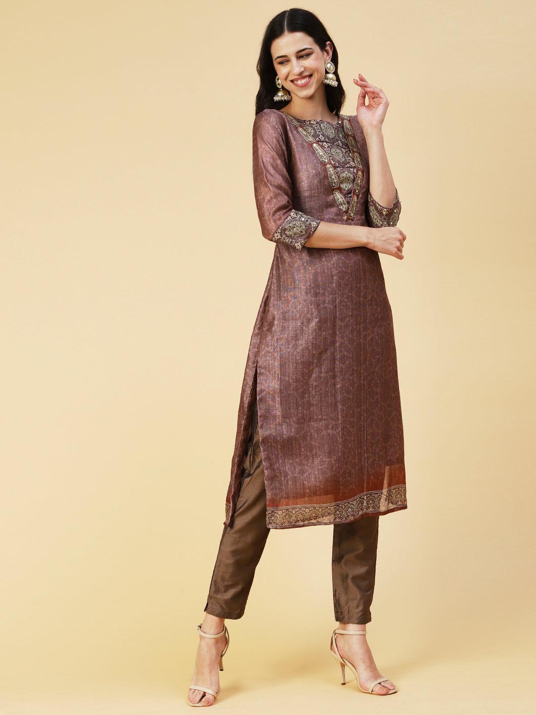 Texture Printed Sequins Ornamented Kurta With Pants & Dupatta - Brown - Indiakreations