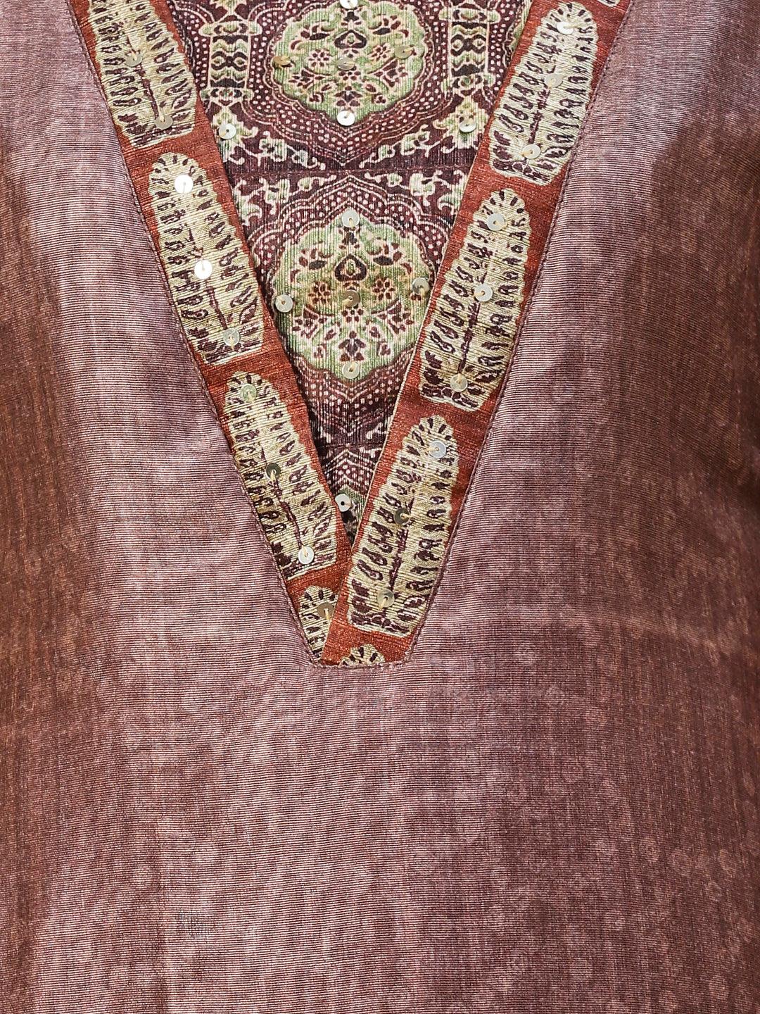 Texture Printed Sequins Ornamented Kurta With Pants & Dupatta - Brown - Indiakreations