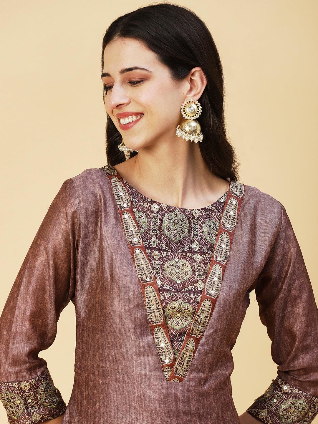 Texture Printed Sequins Ornamented Kurta With Pants & Dupatta - Brown - Indiakreations