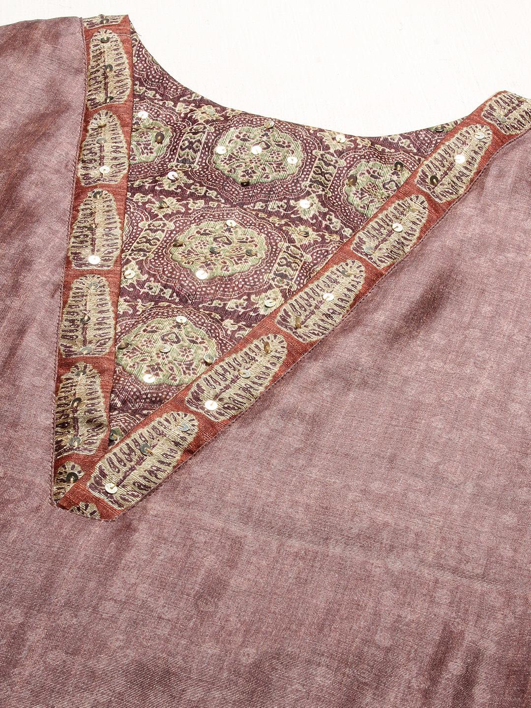 Texture Printed Sequins Ornamented Kurta With Pants & Dupatta - Brown - Indiakreations