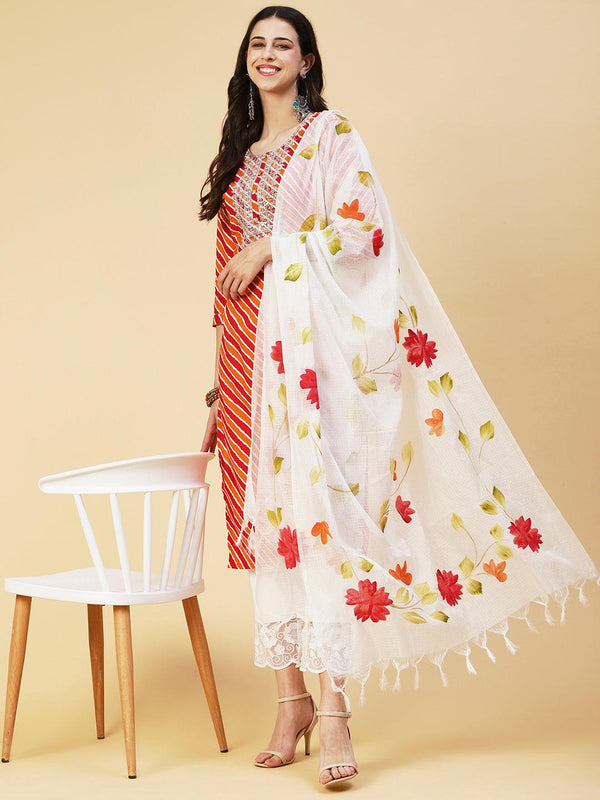 Leheriya Printed & Embroidered Straight Kurta with Pant & Dupatta - Multi - Indiakreations