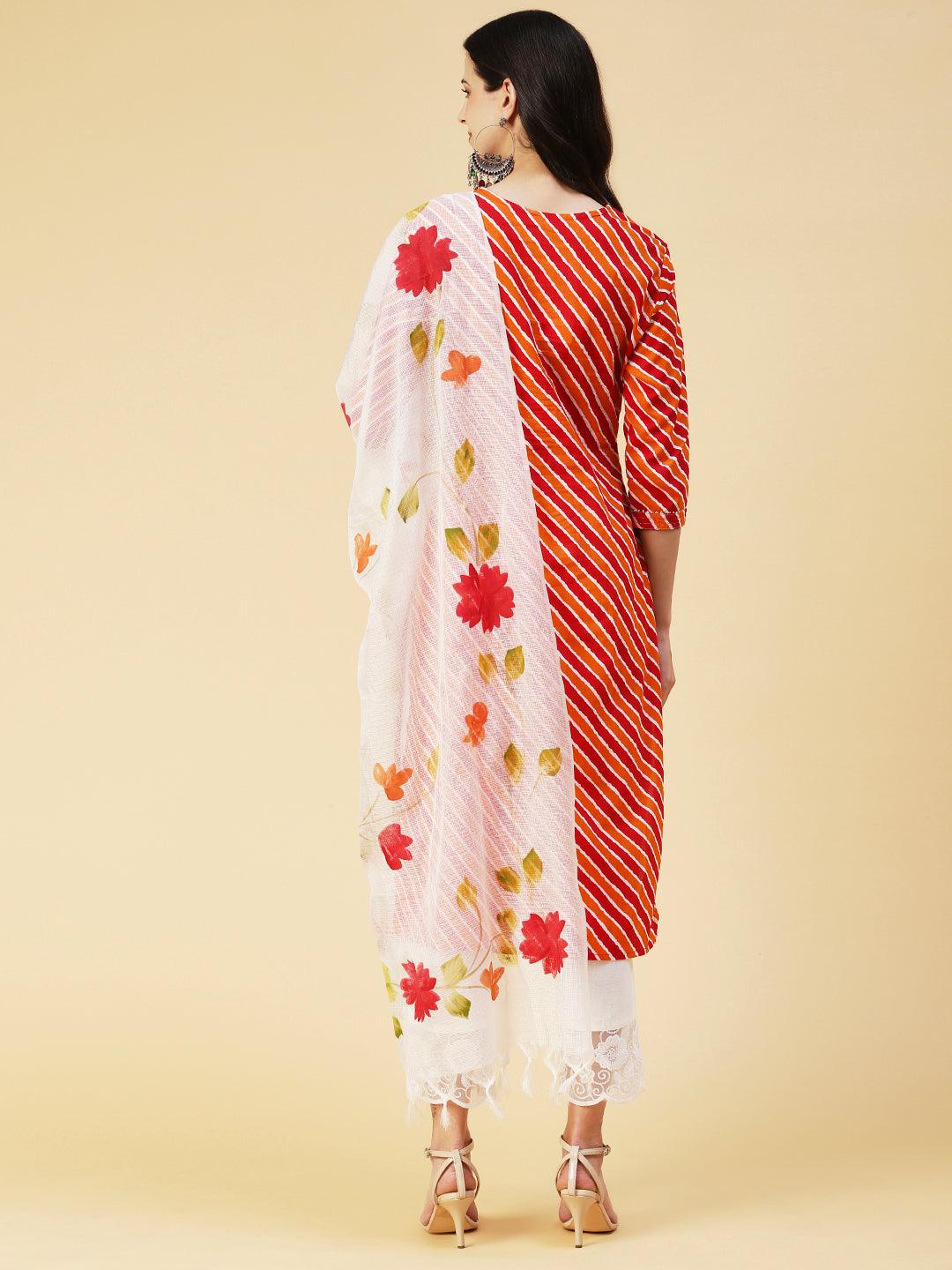 Leheriya Printed & Embroidered Straight Kurta with Pant & Dupatta - Multi - Indiakreations