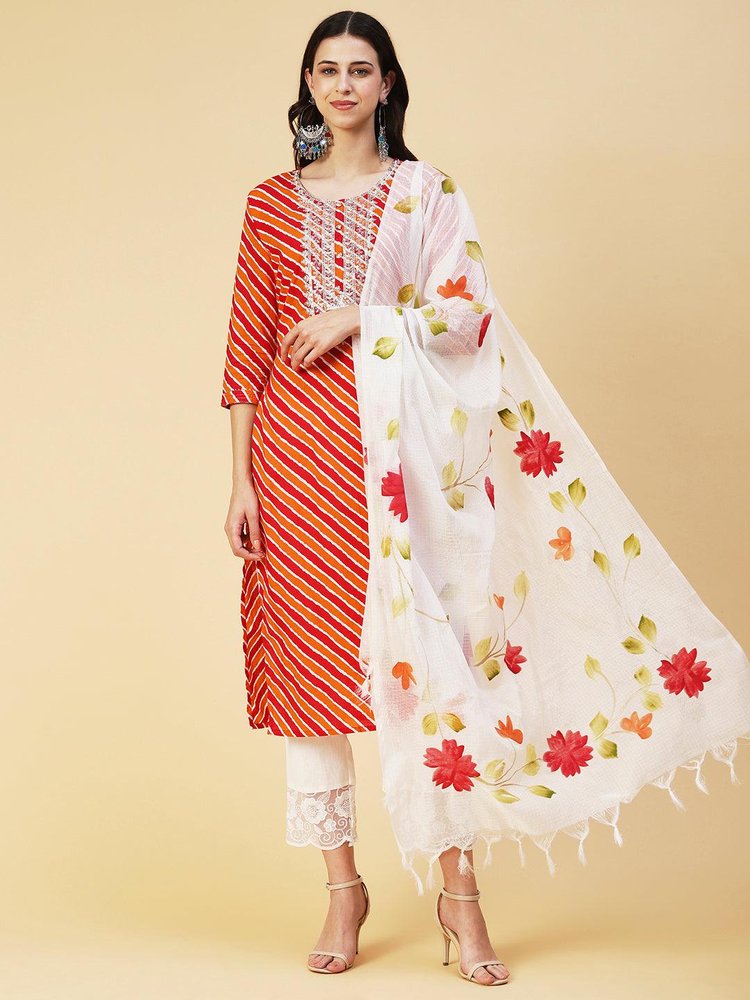 Leheriya Printed & Embroidered Straight Kurta with Pant & Dupatta - Multi - Indiakreations