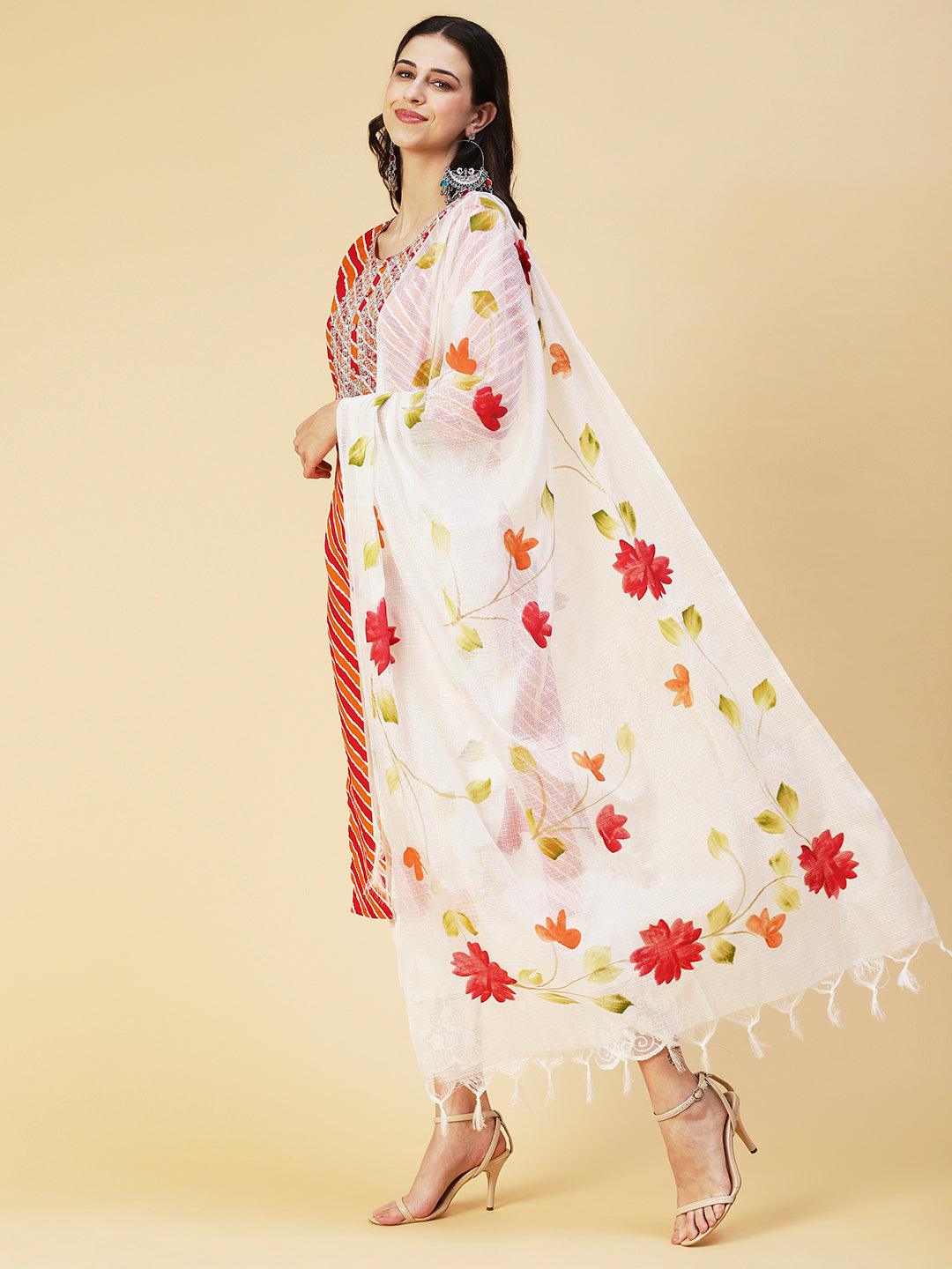 Leheriya Printed & Embroidered Straight Kurta with Pant & Dupatta - Multi - Indiakreations