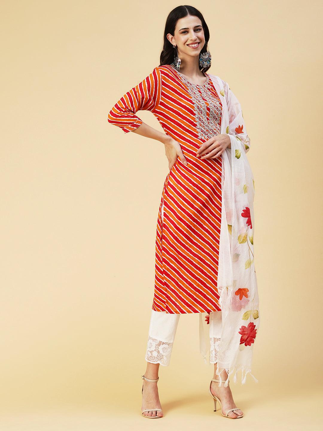 Leheriya Printed & Embroidered Straight Kurta with Pant & Dupatta - Multi - Indiakreations