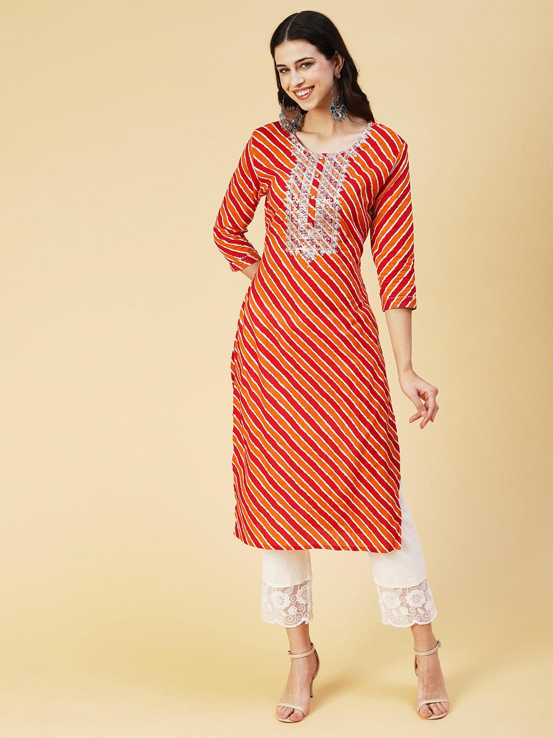 Leheriya Printed & Embroidered Straight Kurta with Pant & Dupatta - Multi - Indiakreations