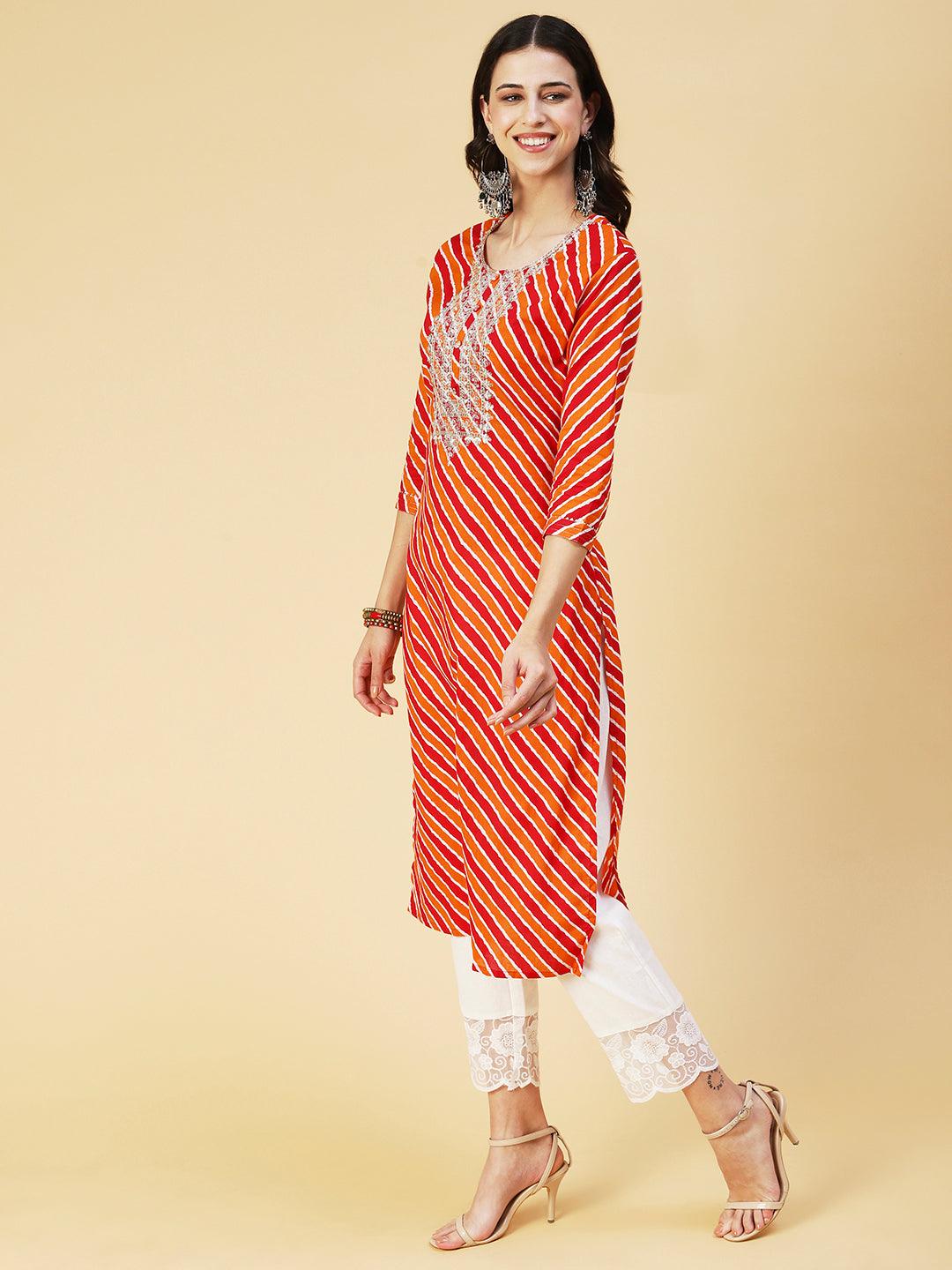 Leheriya Printed & Embroidered Straight Kurta with Pant & Dupatta - Multi - Indiakreations