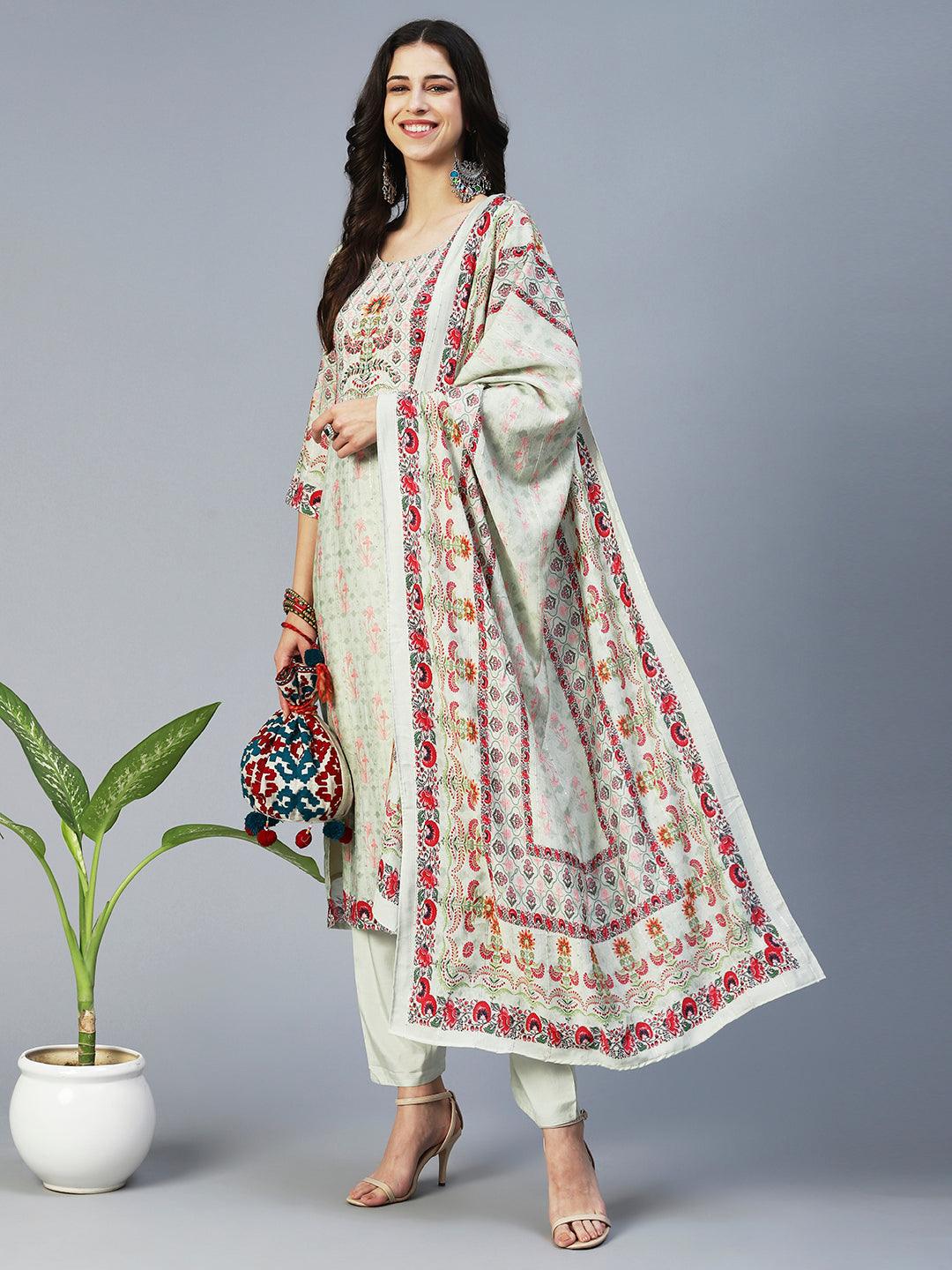 Floral Printed Embroidered Kurta With Pants & Floral Dupatta - Green - Indiakreations