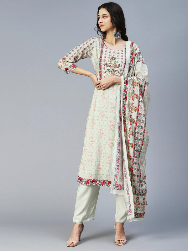 Floral Printed Embroidered Kurta With Pants & Floral Dupatta - Green - Indiakreations