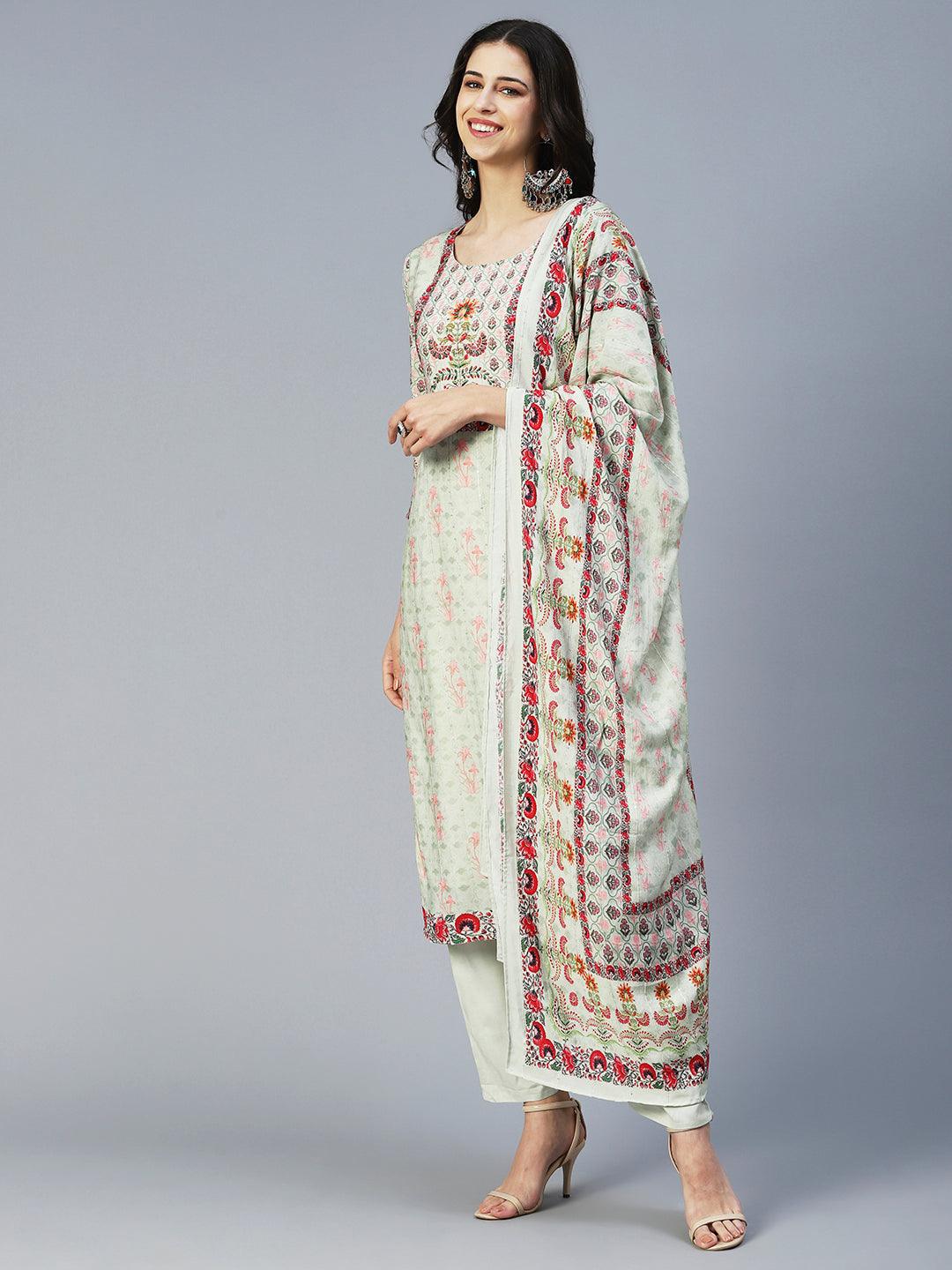 Floral Printed Embroidered Kurta With Pants & Floral Dupatta - Green - Indiakreations